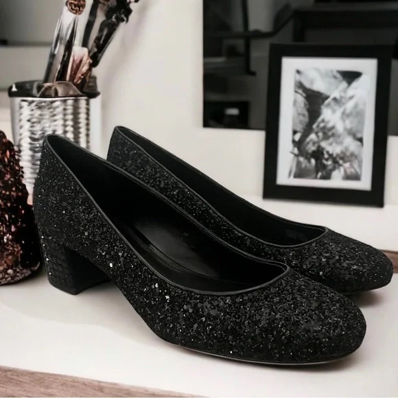 SOLD-MICHAEL Michael Kors Arabella Kitten Pump Black Chunky Glitter Crystal 8.5 - Picture 2 of 10